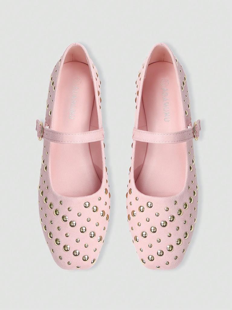 Brown Square Toe Mary Jane Flats with Large & Small Sequin Decorations and Single Strap Buckle