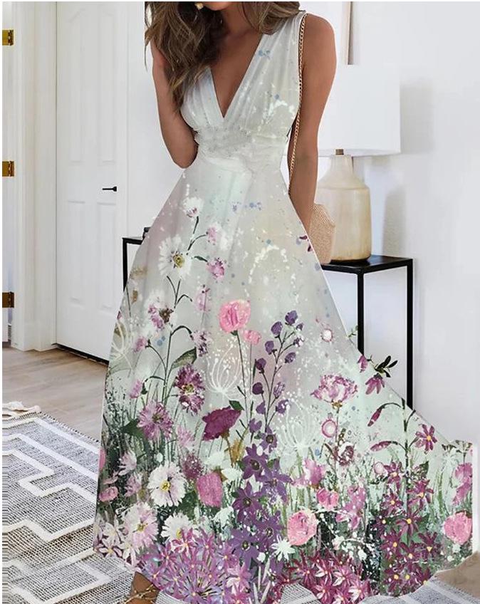 2023 Women's Summer V-Neck High Waist Sleeveless Printed Dress