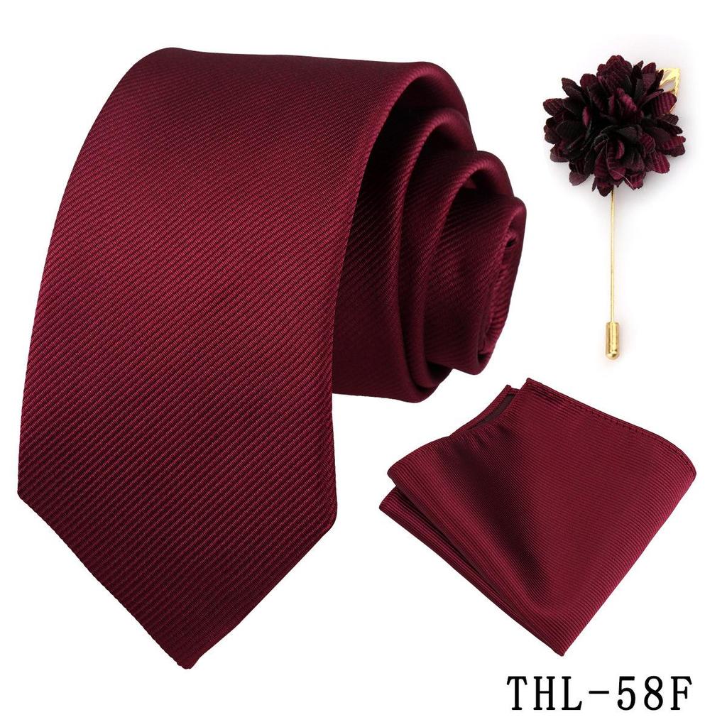 Men's Wine Red Striped Tie, Pocket Square & Brooch Set for Weddings & Banquets