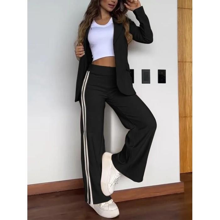 Women's set autumn and winter casual long-sleeved lapel striped blazer and straight pants two-piece set