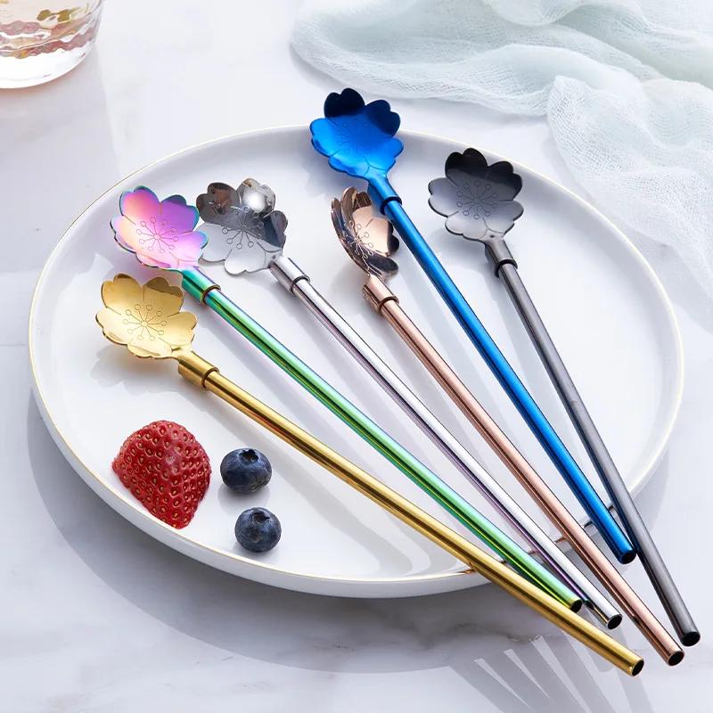 Cherry Blossom Straw Spoon Set with Cleaning Brush Stirring Spoon 304 Stainless Steel Summer Drink Cocktail Party BarAccessories