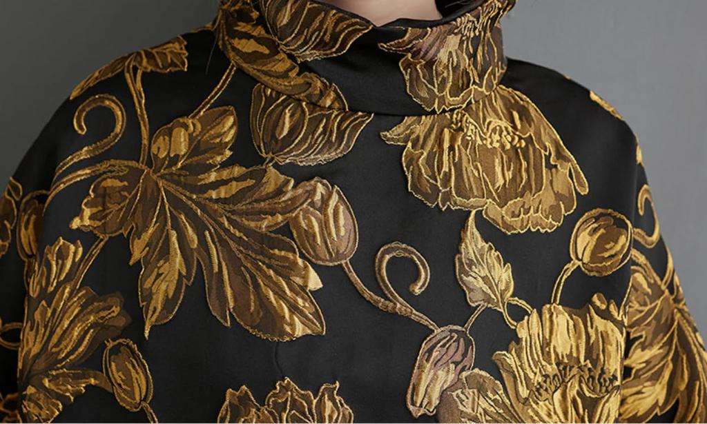 Lady A Jacquard Dress with Gold Embroidery and In Lazy Trendy, 5/8-sleeve, High-neck, Knee-length Black.