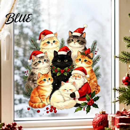 Festive Party Decorations Cat Christmas Static Cling Decal Waterproof PVC Window Sticker Xmas Decor Easy Apply Decorative for Home Living
