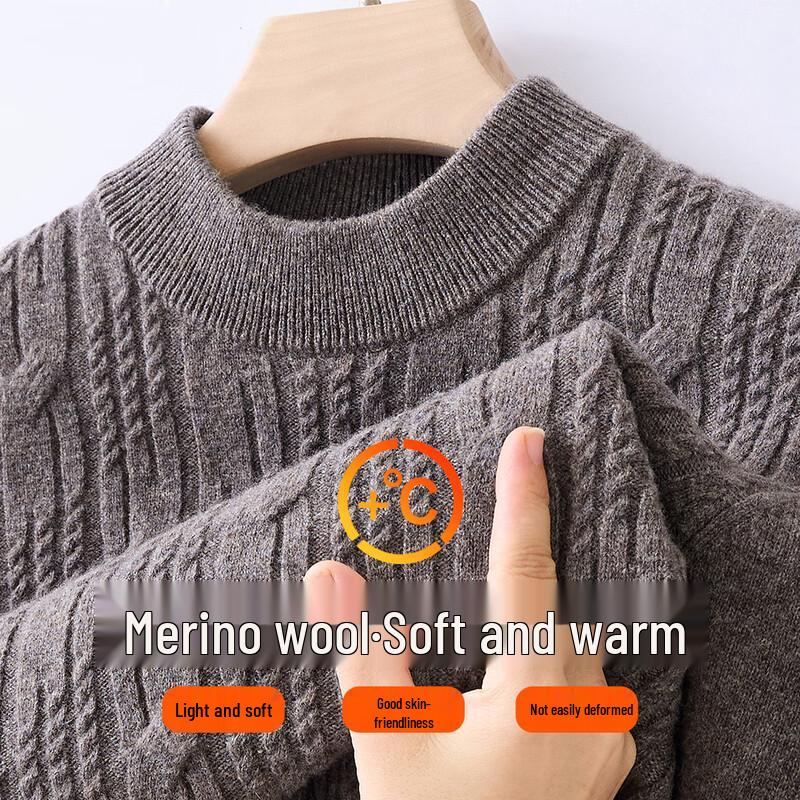 Men's 100% Pure Wool Cable Knit Round Neck Sweater