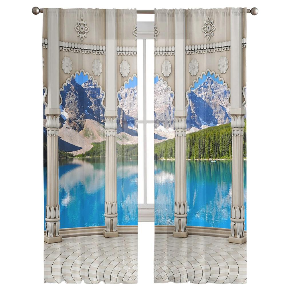 Lake Snow Mountain Forest Chiffon Sheer Curtains For Living Room Home Decoration Window Voile Tulle Curtain Drapes