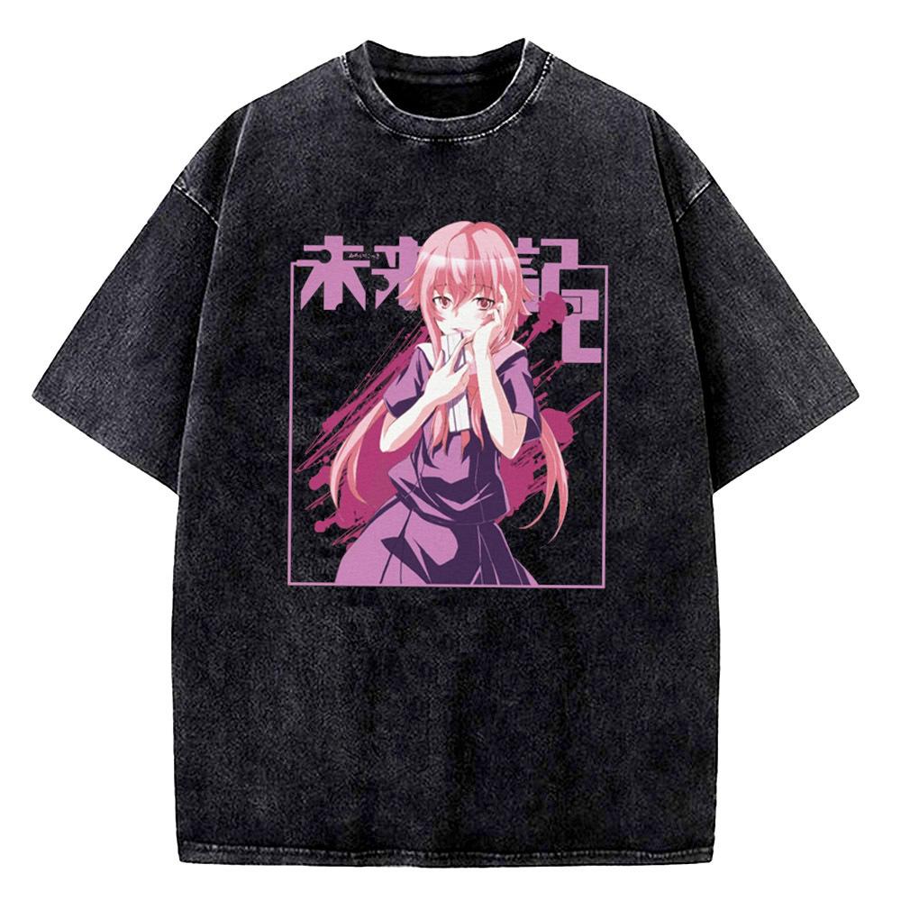 Mirai Nikki Vintage Washed cotton shirt teen Trendy 80s Pop Culture top tees streetwear korean clothes 2000s Classic Breathable