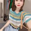 Neues regenbogenfarben gestreiftes T-Shirt für Damen Kurzärmeliges schickes Eisseiden-Top Sommer Hohlpullover