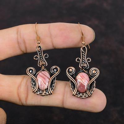 Boucles d'oreilles en rhodochrosite, boucles d'oreilles enveloppées de fil de cuivre, bijoux en cuivre avec pierres précieuses, boucles d'oreilles faites à la main, style unique, pour cadeau, bijoux enveloppés de fil de cuivre