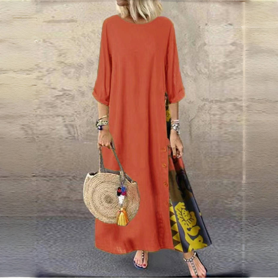 LYRIA Baumwolle Leinen Vintage Lange Kleider Damen Dreiviertelärmel Splicing Druck Lockeres A-Linien-Kleid Mode Lässig Damen Maxi Vestido