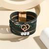 Boho Layered Leather Bracelet With Heart Charm Adjustable Opening Bangle Women Girls Fashion Accessory