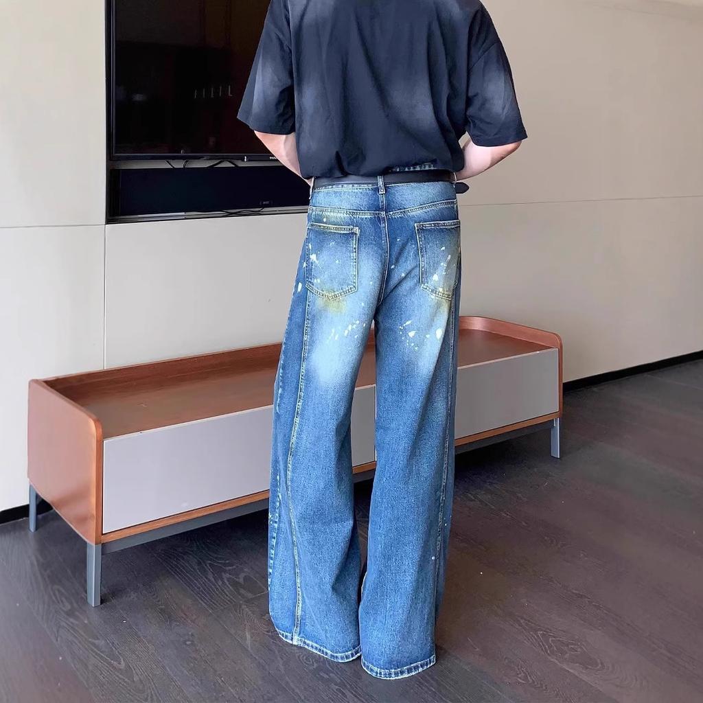 JYL Men's Straight Jeans American Niche Deconstructed Patch High-Street Loose Denim Pants