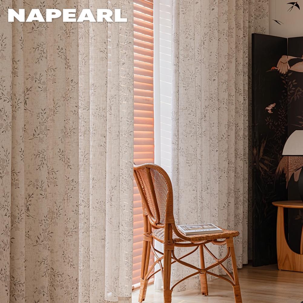 1 Stück NAPEARL Leinenstruktur Kleine Blume Halbtransparent Vorhang Beige Rankenblume Bodenlange Vorhänge für Schlafzimmer Wohnzimmer Heimdekoration