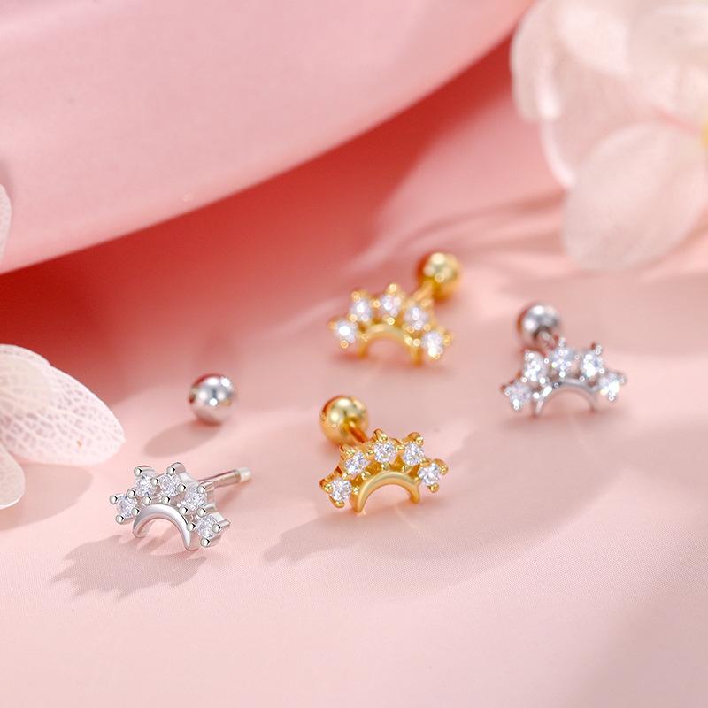 925 Sterling Silver Moon Star Stud Earrings - Shiny Zircon Inlaid Celestial Ear Jewelry for Women Gold/Silver Fashion Daily