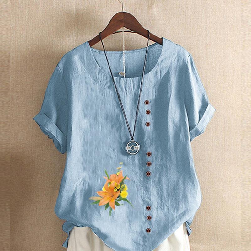 Women's Fashion Flower Pattern Print Short Sleeve T-shirt Loose Cotton Shirt Casual Loose Summer Blouse Tops Plus Size