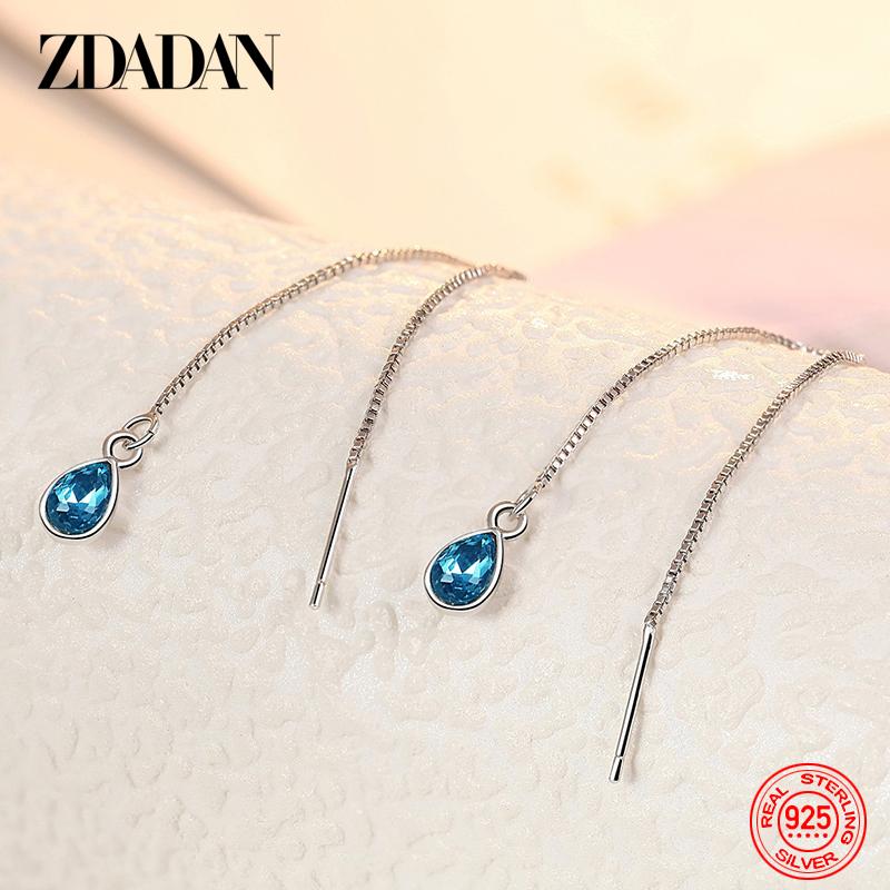 925 Sterling Silver Blue Crystal Long Chain Dangle Earrings for Women Wedding Jewelry