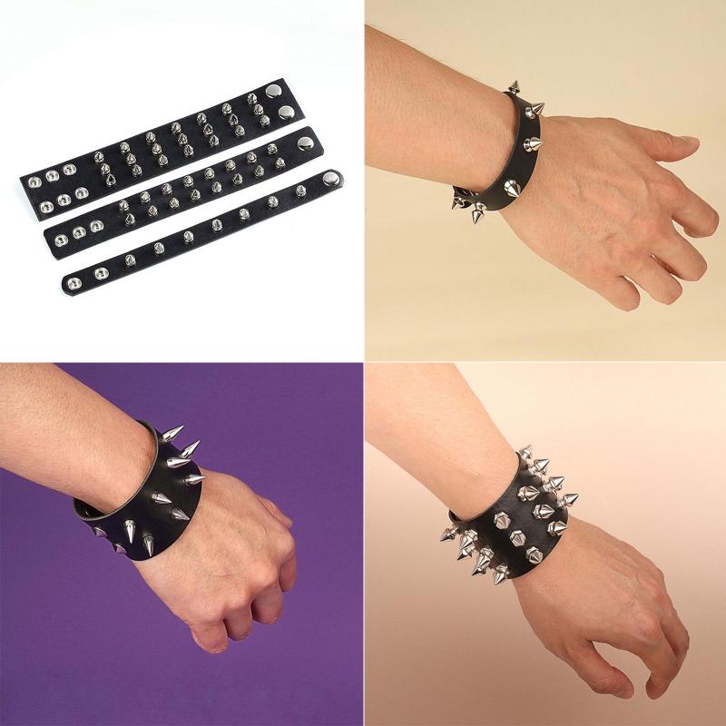 Spiked Studded Bracelet Black Leather Rivets Punk Bracelet Cuff Wrap Bangle Metal Snap Button Wristband for Men Women