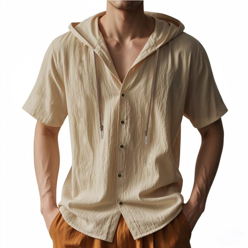 American Summer Men'S Thin Breathable Linen Ami Kaji Loose Hooded Short Sleeve Shirt Men