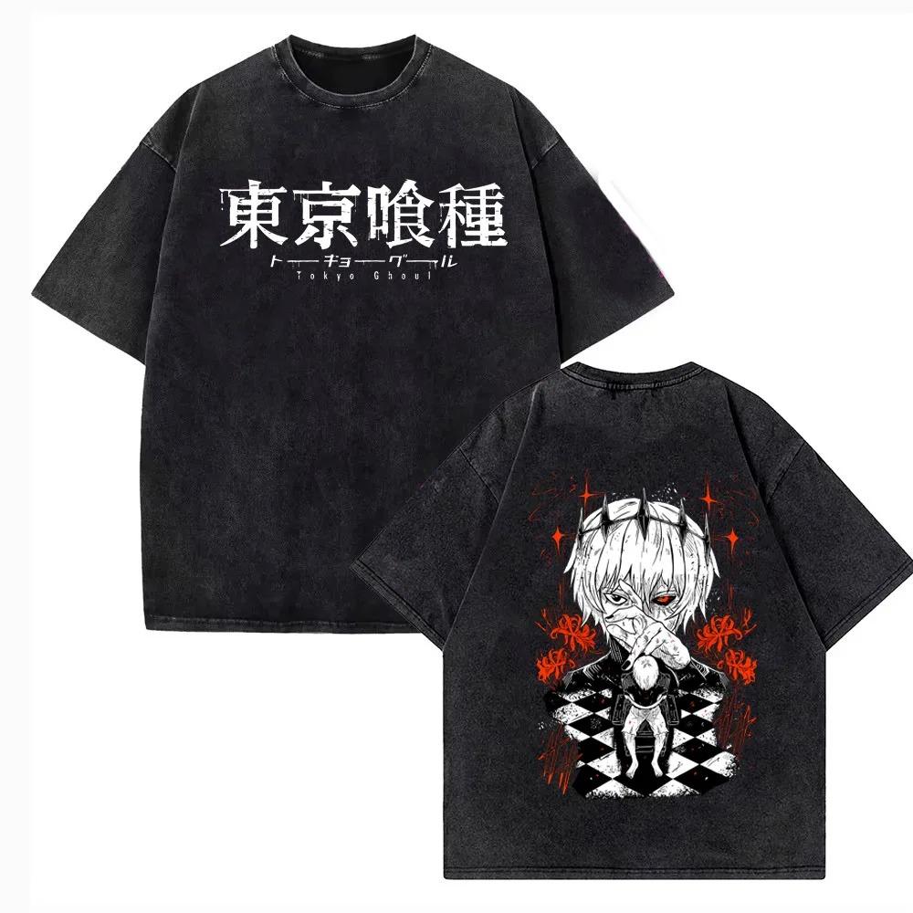 2026 Summer Harajuku Men Women T-shirt Anime Tokyo Ghoul Kaneki Ken Centipede Vintage Washed Cotton T Shirt Streetwear Men Tops Clothing