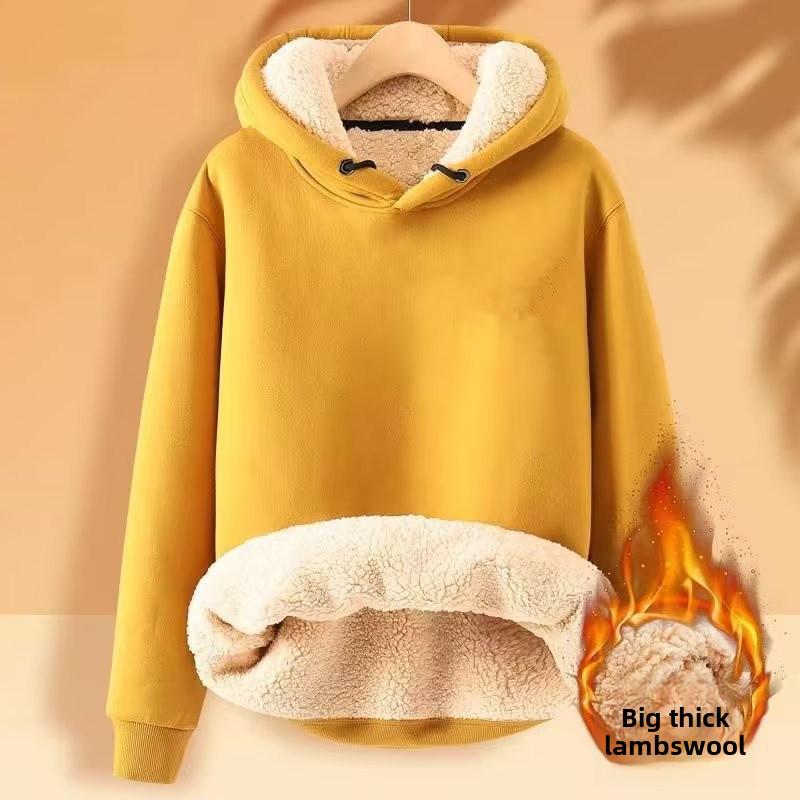 Pulover cu glugă căptușit cu catifea pentru bărbați: Jachetă caldă, cu croială largă, pentru studenți, cu design trendy din piele de miel.