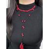 Fashion Personality Red Glass Bead Beaded Tassels Necklace for Women Retro Ethnic Double-layer Fold Wear Sweater Chain Jewelry