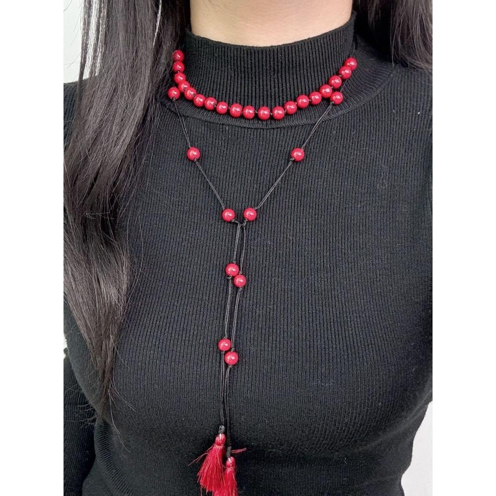 Fashion Personality Red Glass Bead Beaded Tassels Necklace for Women Retro Ethnic Double-layer Fold Wear Sweater Chain Jewelry