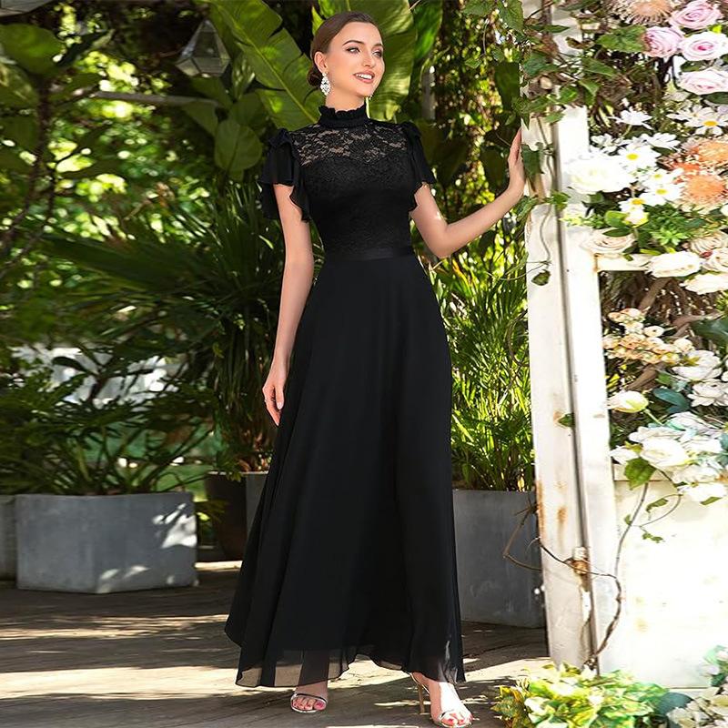 European and American Cross-border 2023 New Autumn Extended Chiffon Dress Lace Celebrity Temperament Party Evening Dress