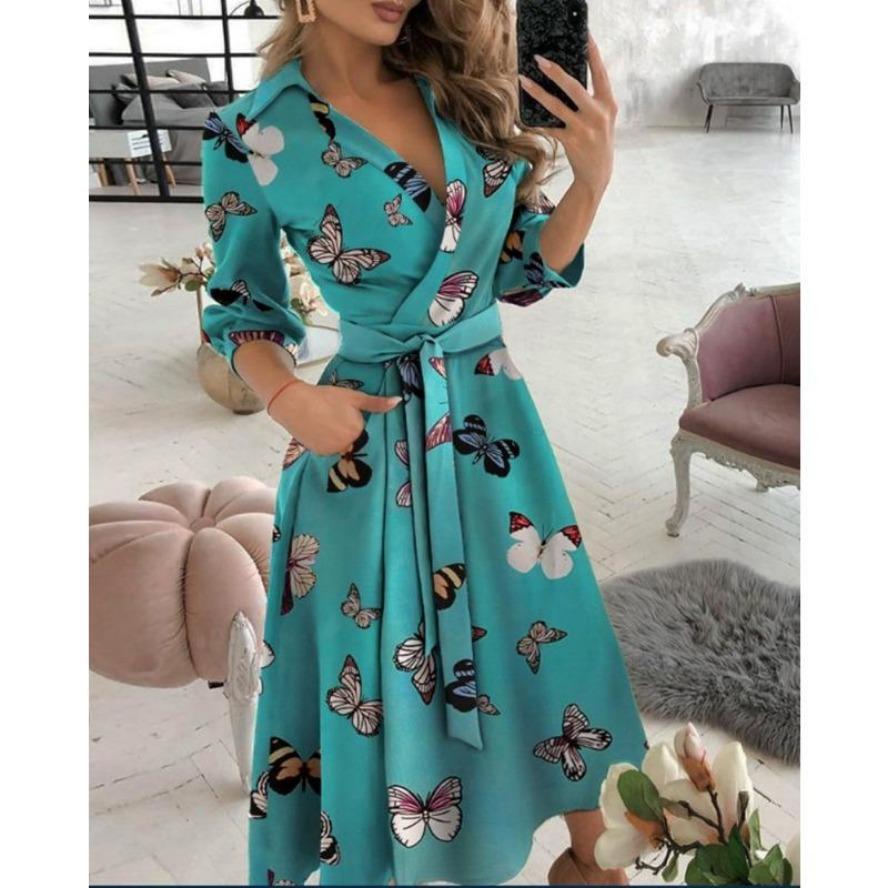 YYFS Damenmode Frühling Herbst Farbblockdruck Langarm Polokragen Hohe Taille Freizeitkleider
