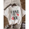 T-shirt da donna alla moda taglia europea bianca con stampa frontale I Love You con cuori, comoda, casual, per San Valentino e stile quotidiano