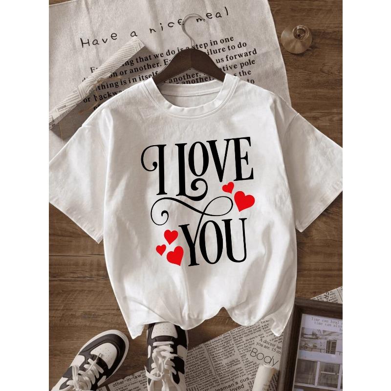 T-shirt da donna alla moda taglia europea bianca con stampa frontale I Love You con cuori, comoda, casual, per San Valentino e stile quotidiano