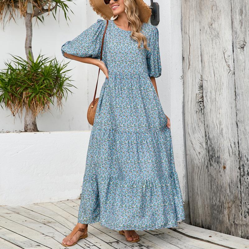 Boho Vacation Style Breathable Cotton Short Sleeve Floral Dress Plus Size Loose Long Dress Comfortable Lightweight Elegant Slimming Flattering Fit