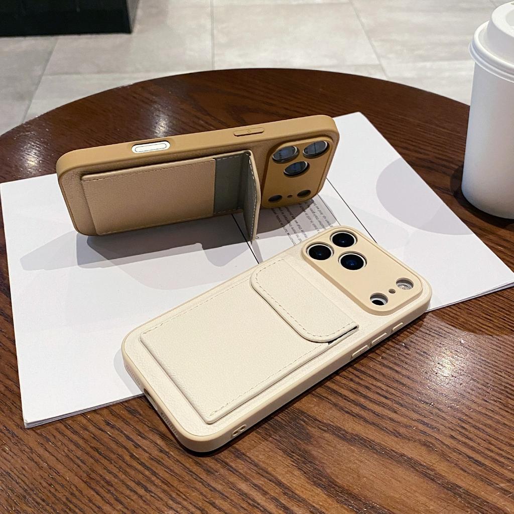 For iPhone 17 Pro Max Case Solid Color PU Leather TPU Phone Cover with Card Holder Kickstand