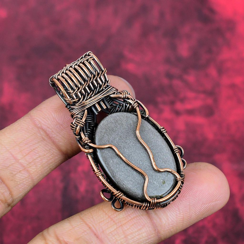 Silver Sheen Obsidian Pendant Copper Wire Wrapped Pendant Gemstone Copper Jewelry Handmade Boho Pendant Wire Weaving Pendant Engagement Gift