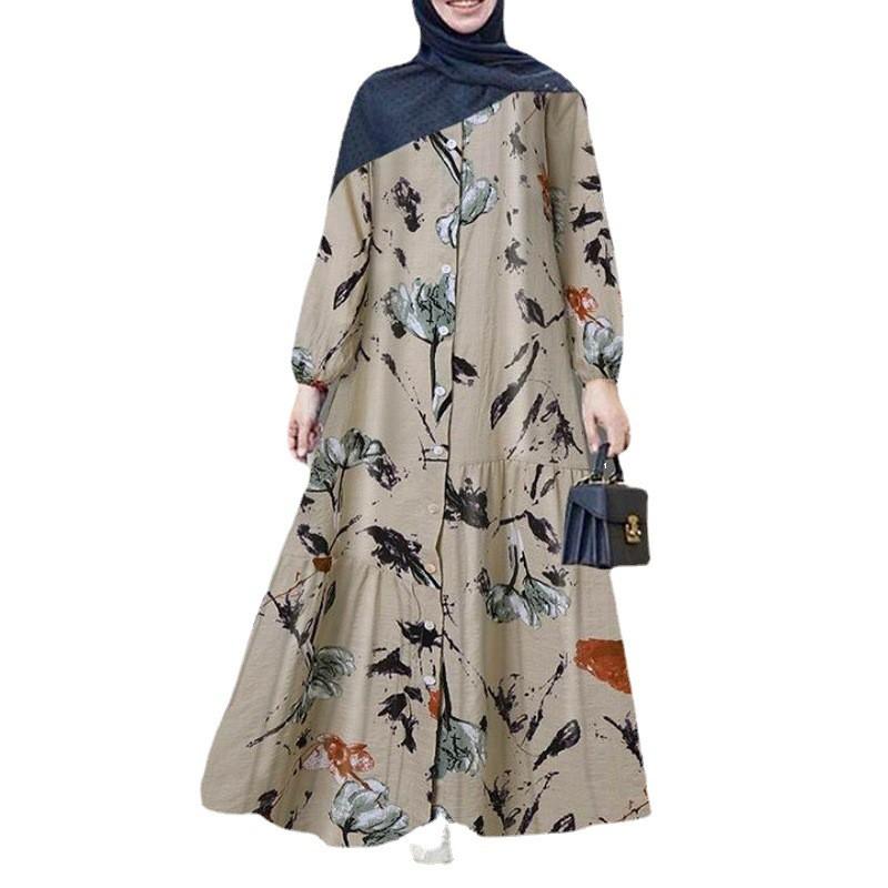 Damen Plus Size Baumwoll-Leinen Langarm Locker Floral Maxikleid 2026 Süß Lässig A-Linie Rock