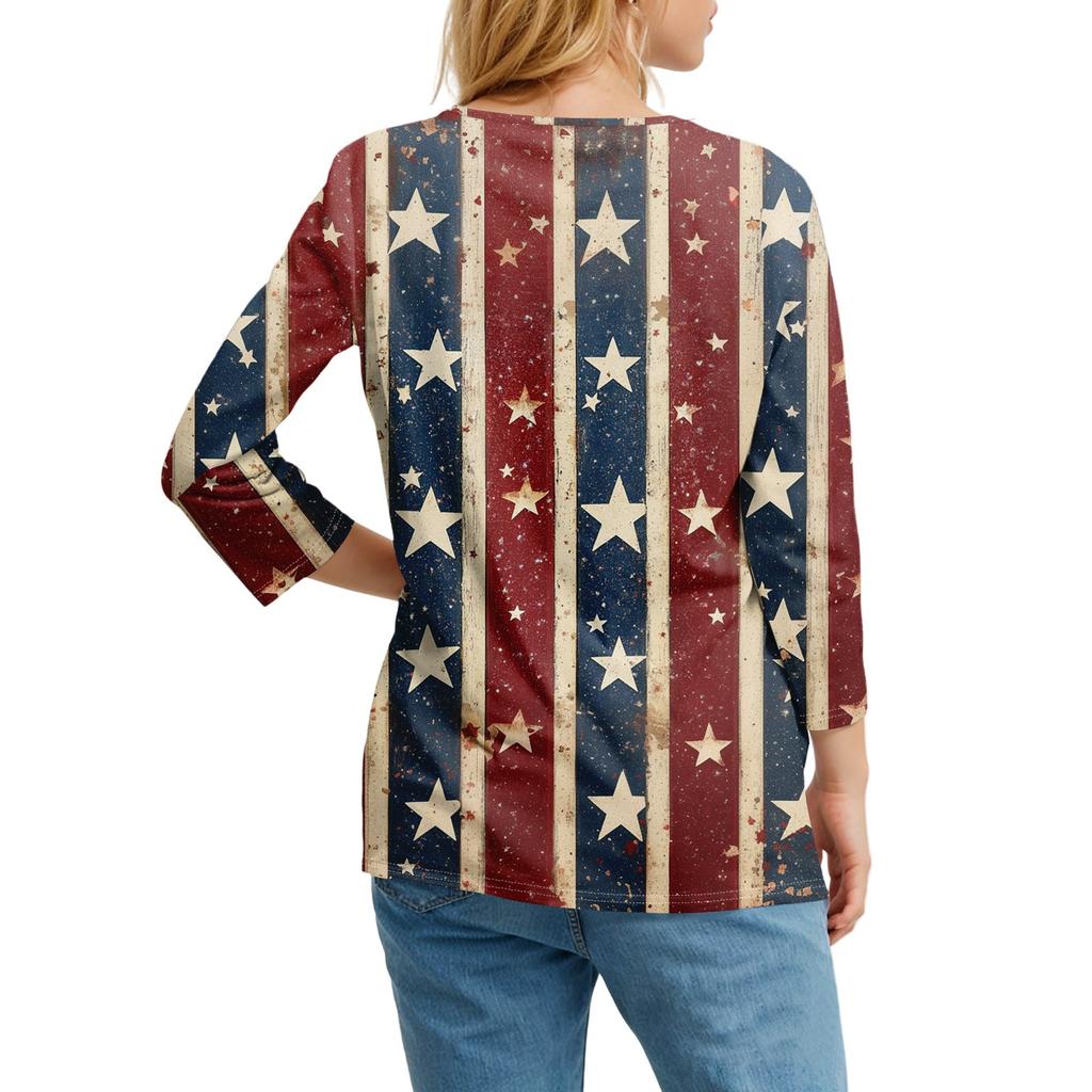 Damen T-Shirt mit Aufdruck, Knopfleiste, 3/4-Ärmel, modisch für den Alltag und das Wochenende, Basic, V-Ausschnitt, normales Oberteil