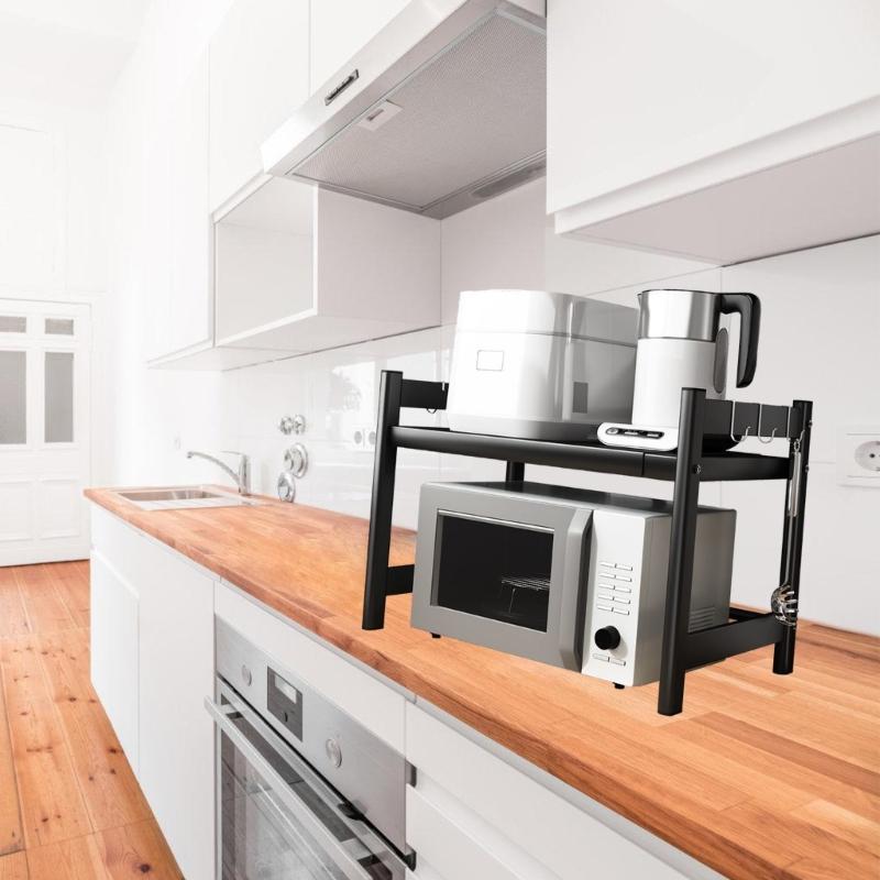 Adjustable Microwave Oven Rack with Hanging Hooks Sturdy Kitchen Counter Storage Portable Carbon Steel Storage Rack