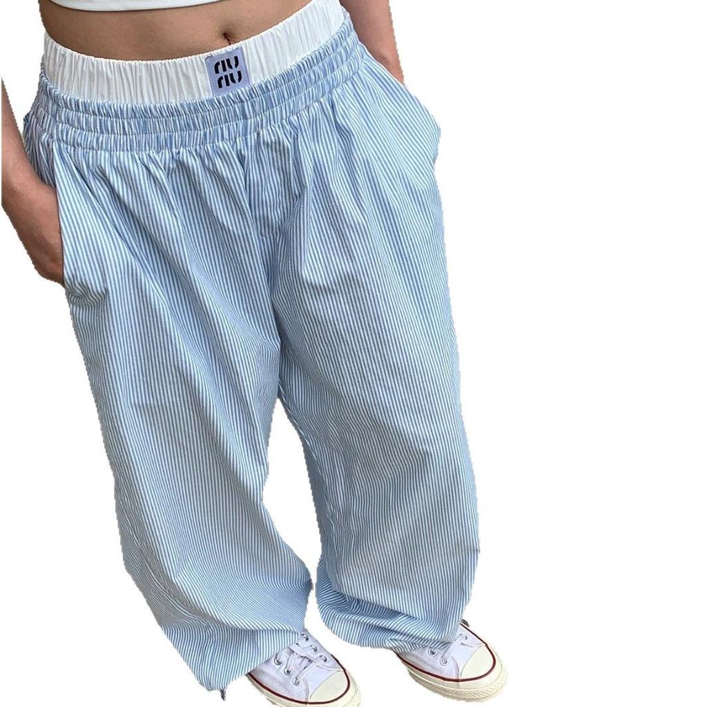 Pantalon rayé deux pièces imitation pour hommes et femmes Été Nouveau Décontracté Jambe large Slim Jambe droite