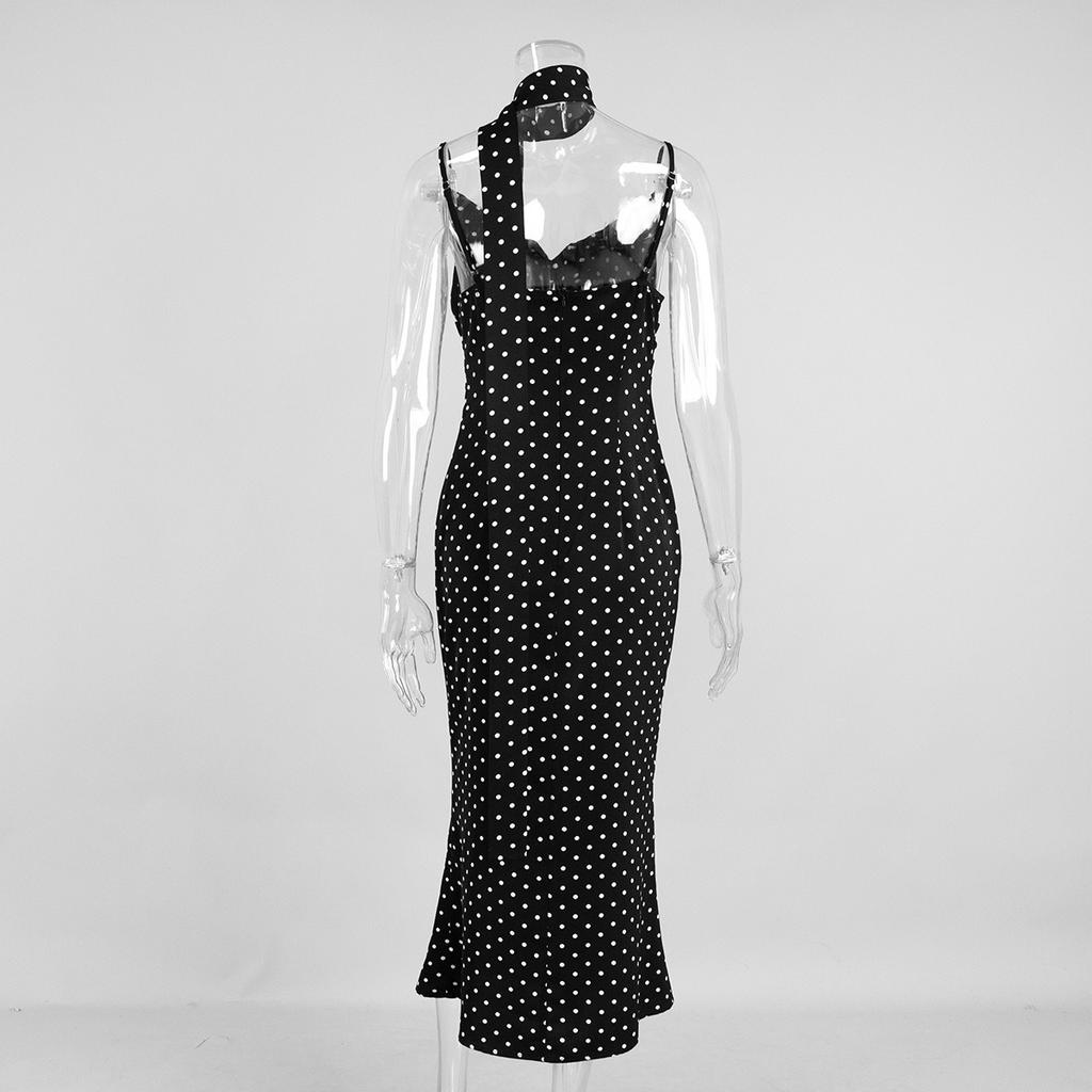 Summer New Polka Dot Halter Neck Tie Split Maxi Dress, Elegant Suspender Fishtail Long Dress for Women European American Style