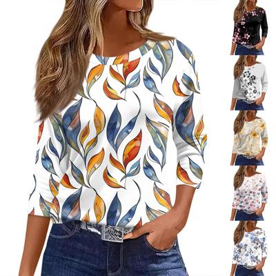 Women's T Shirt Print 3/4 Sleeve Daily Weekend Fashion Basic Round Neck Regular Top