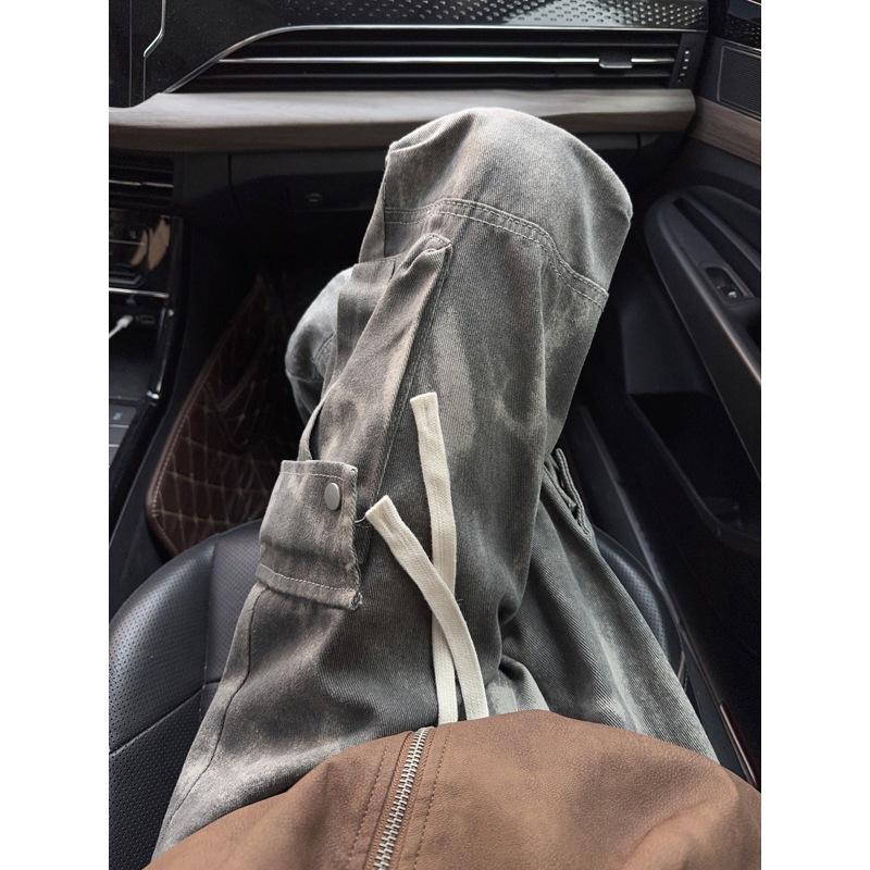 American retro camouflage pants men's summer big pocket tie-dye straight casual pants design sense tooling jeans