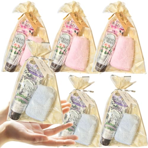 

Popular small gift for women: Hand cream & handkerchief, individually wrapped. Perfect as a thank you gift for weddings, retirement, maternity leave,