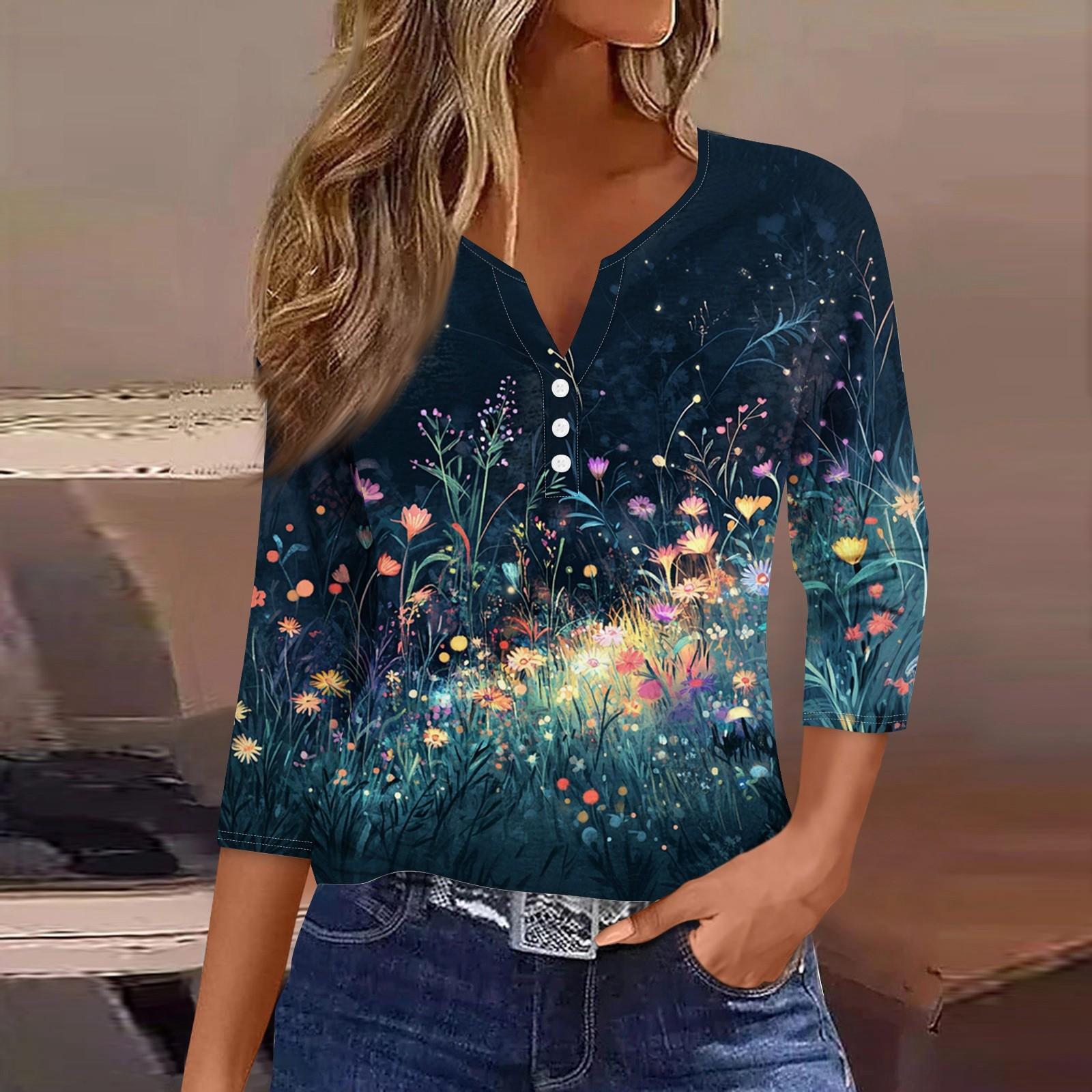 

Женская модная повседневная футболка с цветочным принтом, V-образным вырезом, декоративными пуговицами и рукавом три четверти XXXL темно-синий