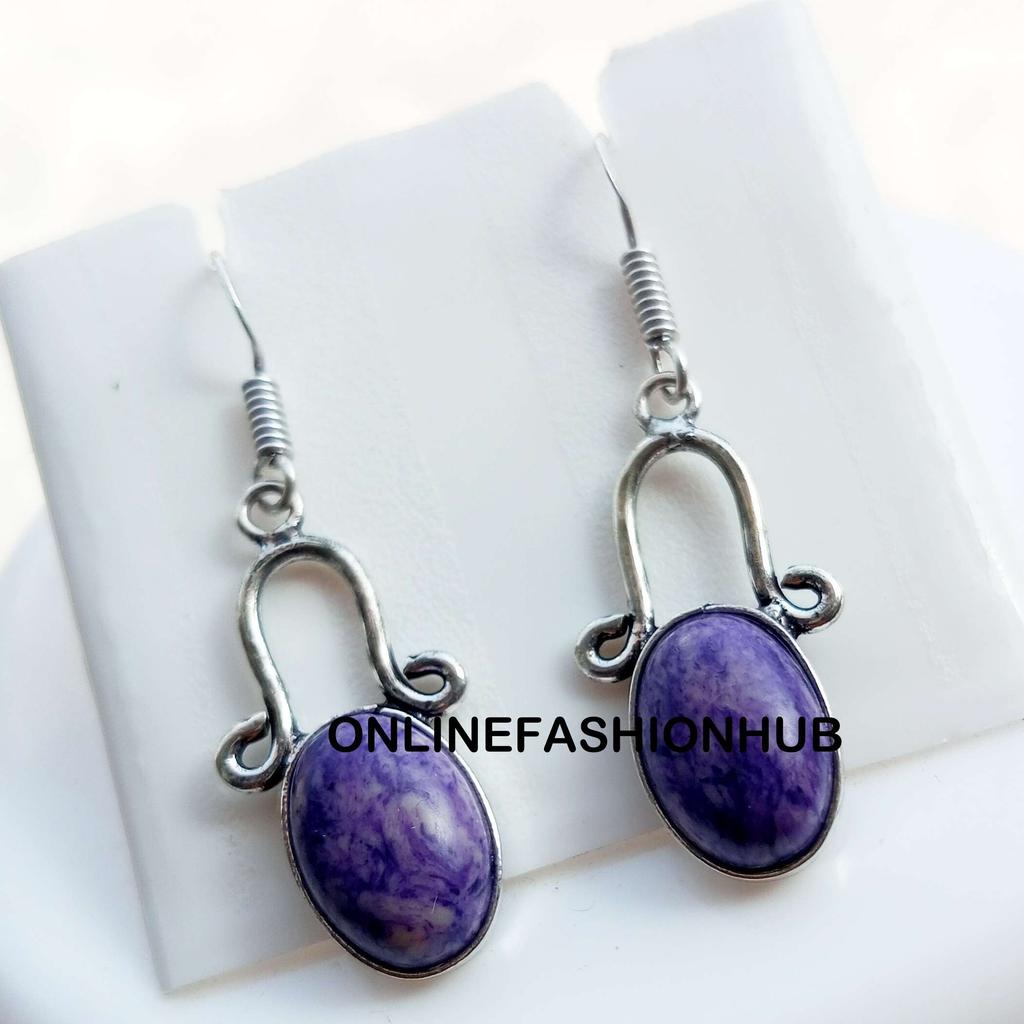 Charoite Gemstone 925 Sterling Silver Plated Party Wear Hook Earrings Jewelry NST-PE8