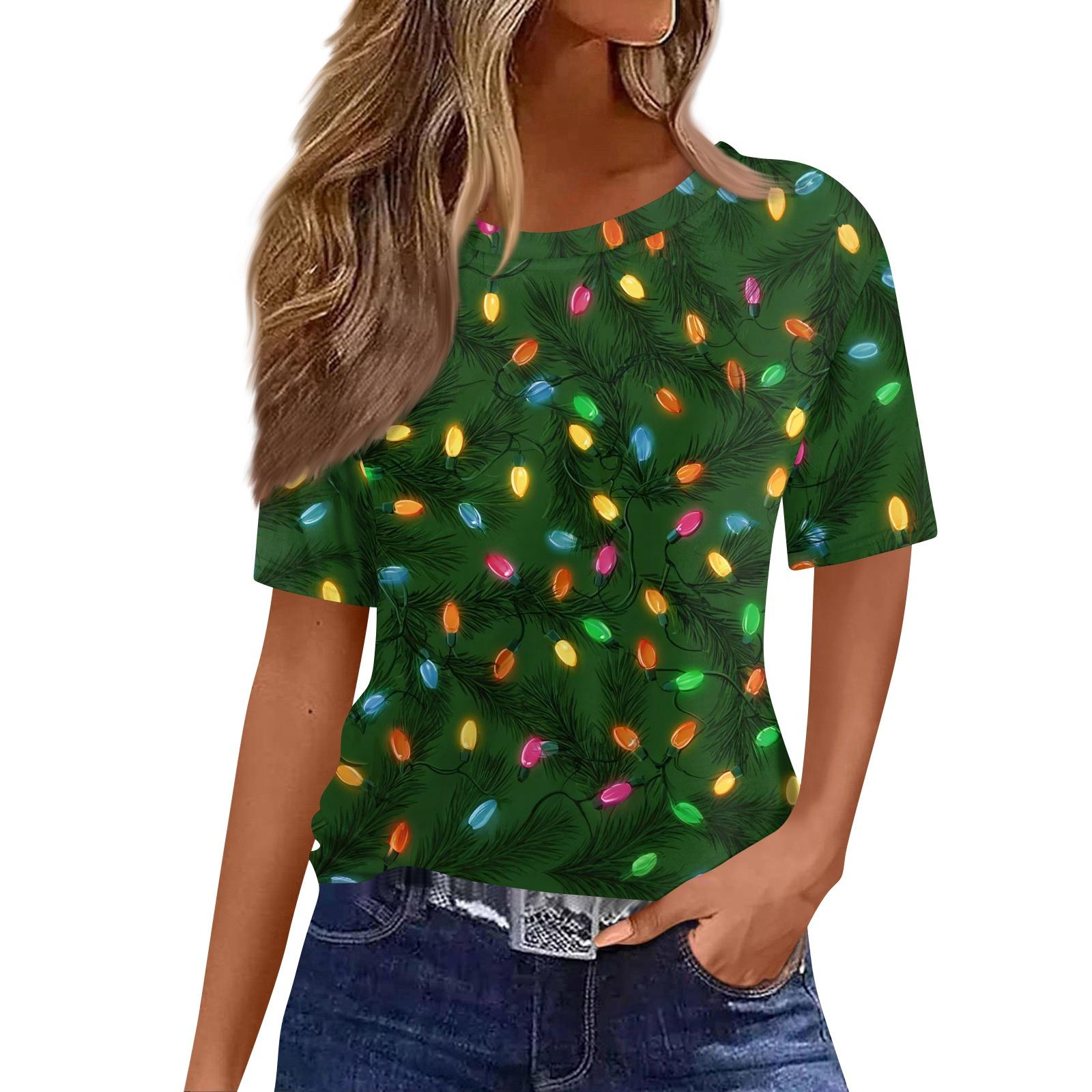 Women s Fashionable Casual Short Sleeve Christmas Print Round Neck Pullover Top L
