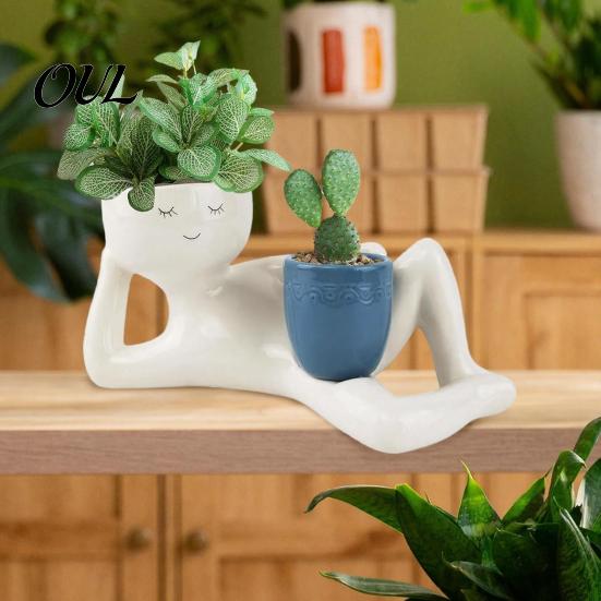 Fun Housewarming Gifts for Plant Lovers Funny Smiling Face Planter, Lying Down Lazy Guy Pot with Drainage Playful Planter Small Plants Holes,