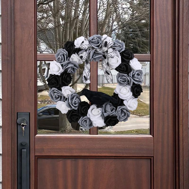 Black and White Rose Crow Front Door Wreath Halloween Decorative Wreath For Home Party Festival Porch Decoration