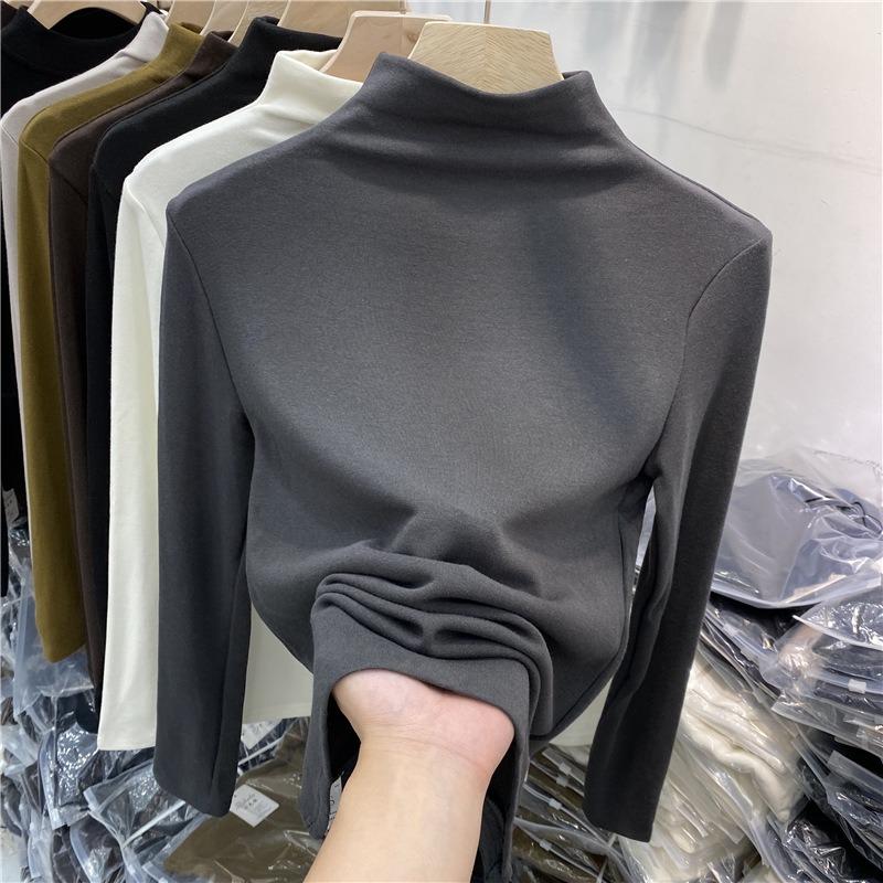 Autumn Half High Collar Slim Fit Plush Base Casual T-shirt Women Winter Long Sleeve Solid Velvet Women's T Shirt Elegant Retro Warm Lady Tee Top 25573