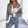 GMXIA Autumn and Winter Color-blocking Striped Lantern Long-sleeved Cardigan Sweater Short Coat Women's Wear