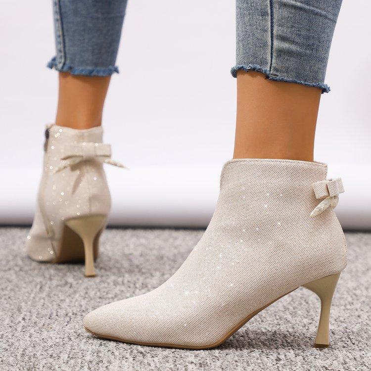 Fashion Plus Size Women's Short Boots 2025 Autumn and Winter Bow Sequined High-heeled Cotton Booties Pointed Stiletto Fashion Boots.