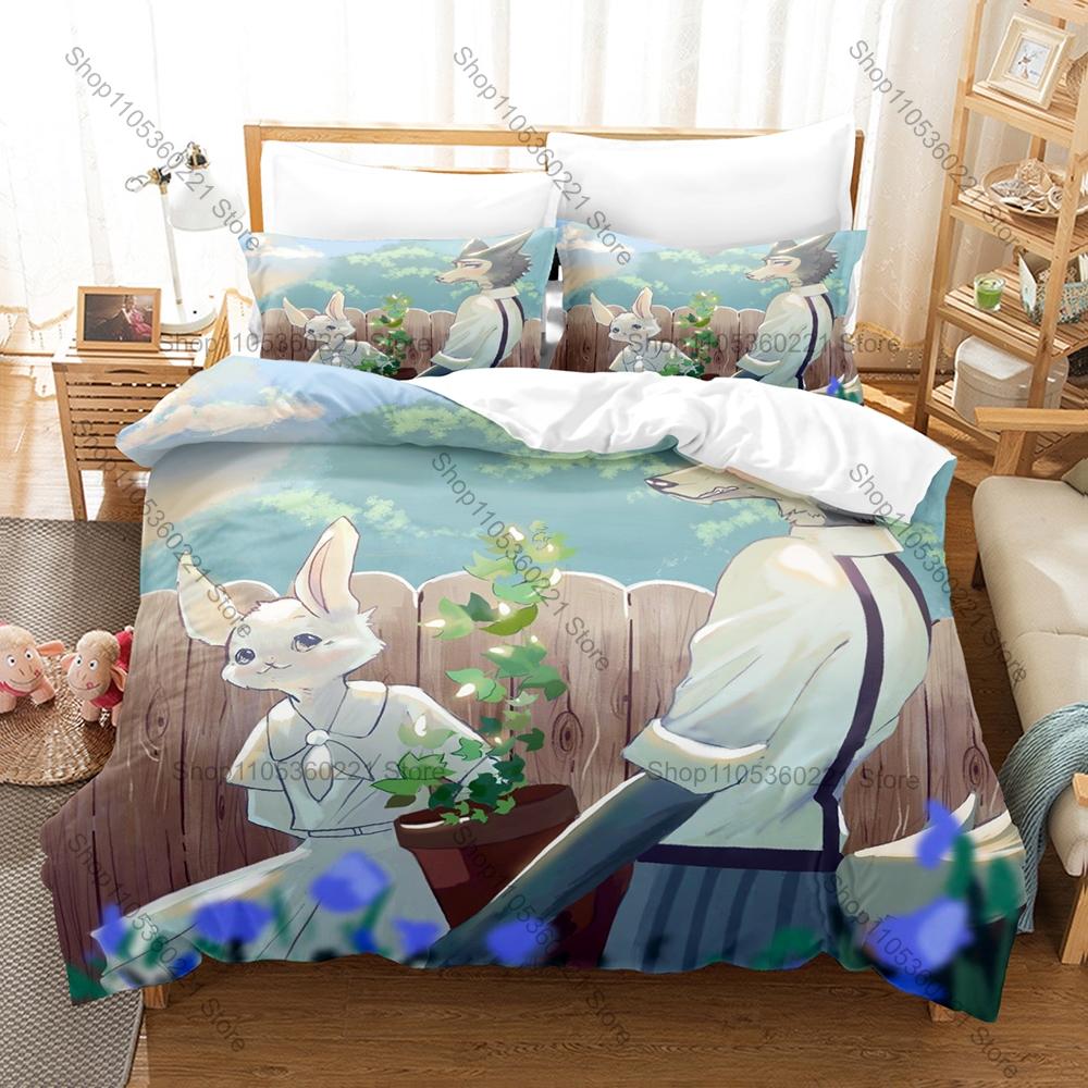 Anime Beastars 3 Pieces Duvet Cover Set Cute Kawaii Bed Set Soft Microfiber Bedding with Pillowcases for Fans Gift