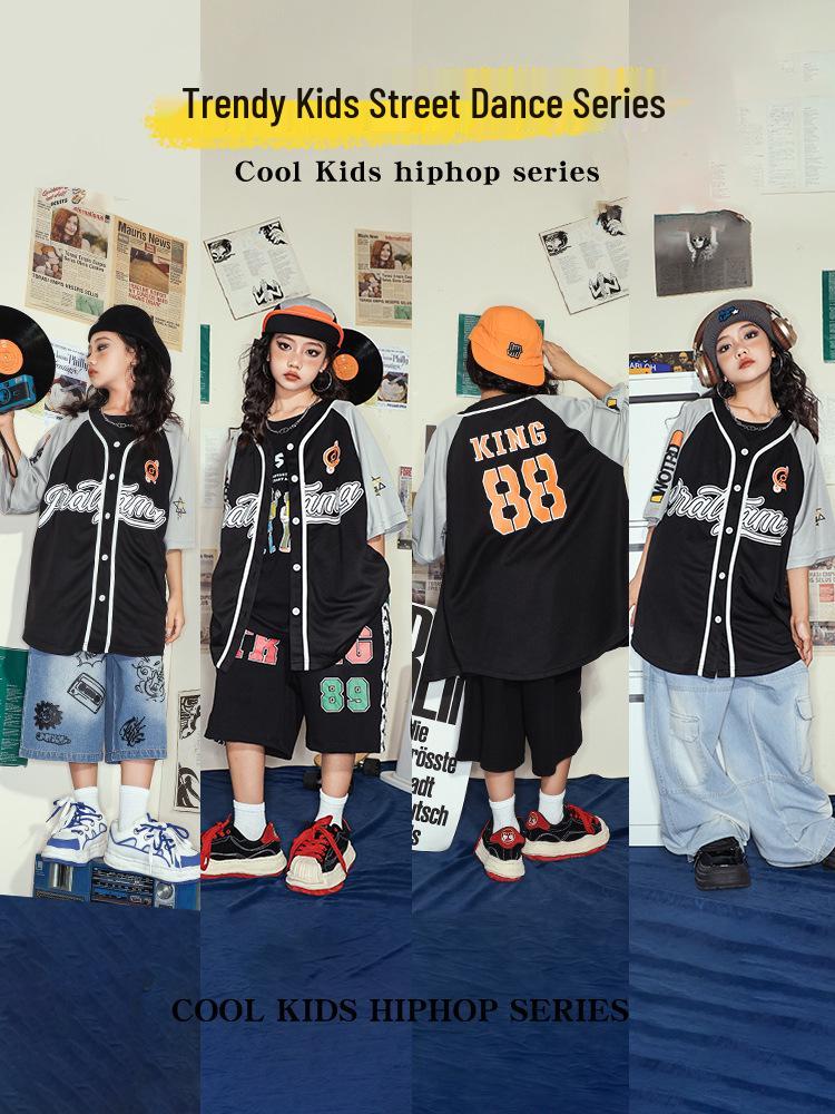 Modny hip-hopowy zestaw uniformów baseballowych dla dzieci - Krótki rękaw, letni kostium na występy dla chłopców i dziewcząt